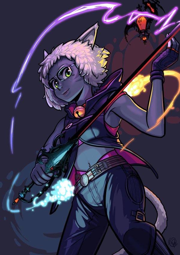 A Keeper of the Moon Miqo'te from Final Fantasy XIV, wielding a Red Mage's rapier and surrounded by a Black Mage's ice, fire and lightning.
